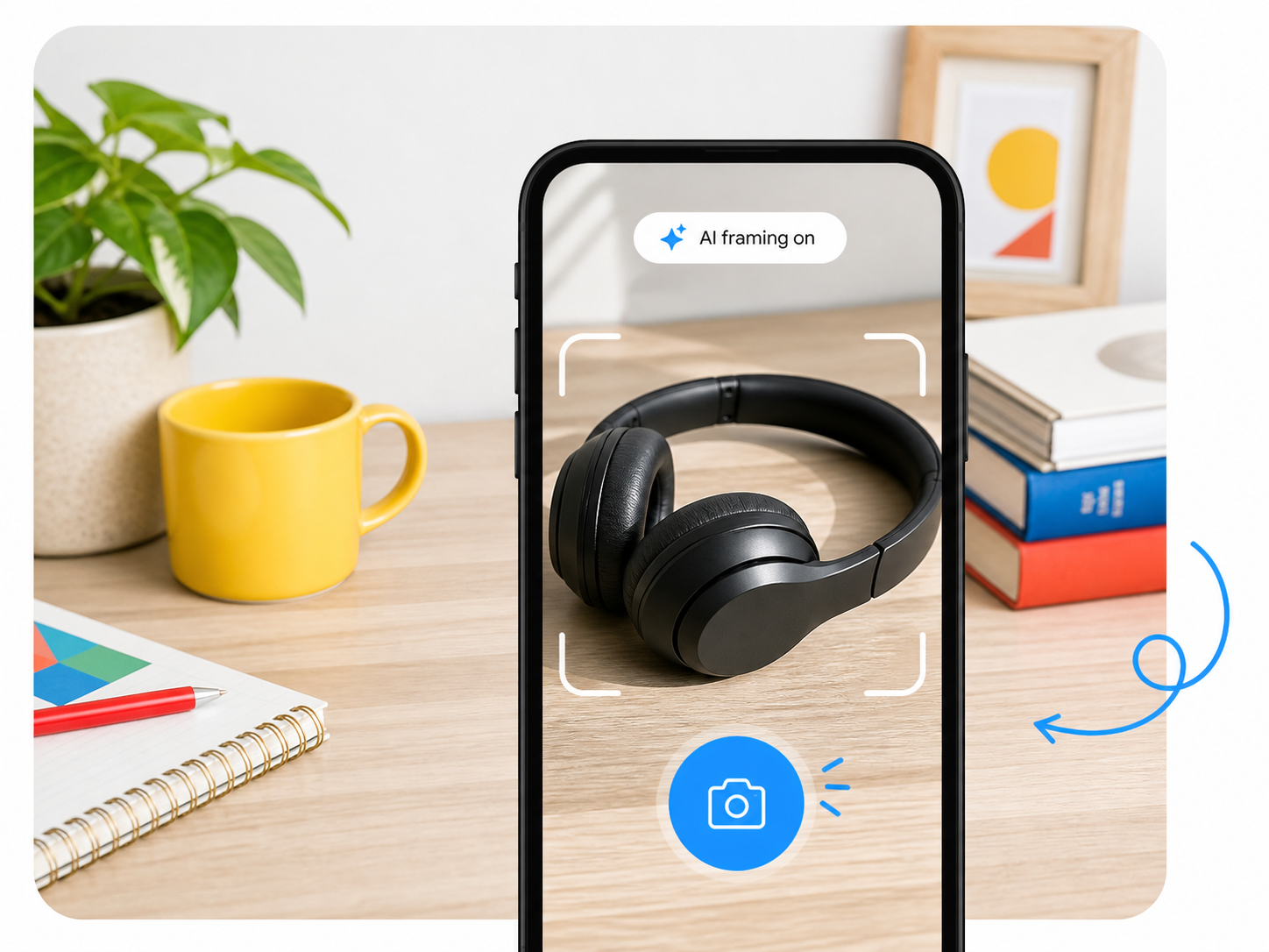 Phone camera scanning headphones on a desk